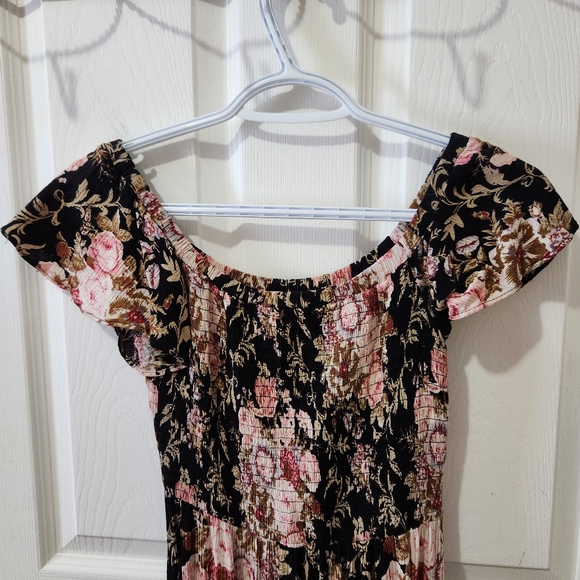 Black pink green floral maxi ruffle off shoulder dress Lace & Mesh Modcloth XXS - Picture 4 of 10